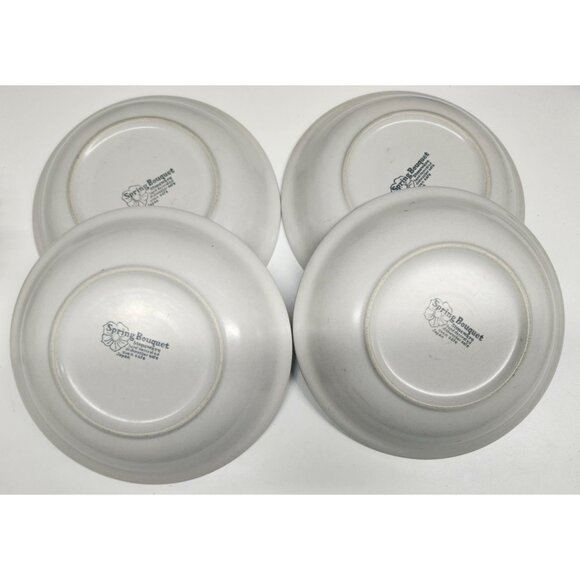 4- Stoneware 7.5" Bowls Neutral Spring Bouquet Vintage Retro Green Rim - Picture 5 of 5